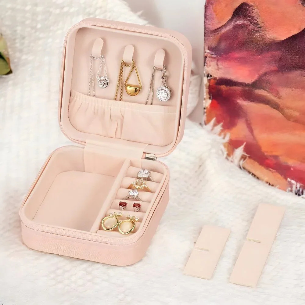 Compact Travel Jewelry Organizer Portable Zipper Case Rings Earrings Necklace